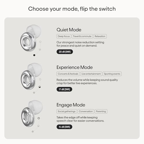 Loop Switch 2 Adjustable Ear Plugs - 3 Modes for Ultimate Control | 20-26dB SNR noise reduction. Flexible fit. For focus, travel, socializing, festivals & more - color: Silver