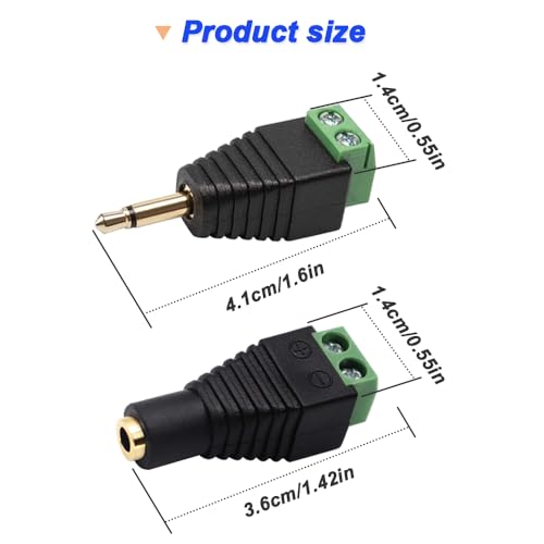 3.5mm Screw Terminal Gold Plated, 1/8" TS Mono Male to 2 Pin Screw Terminal with 1/8" TS Mono Female to 2 Pin Screw Terminal, Balun Solderless Converter with Screwdriver - color: 2Pin