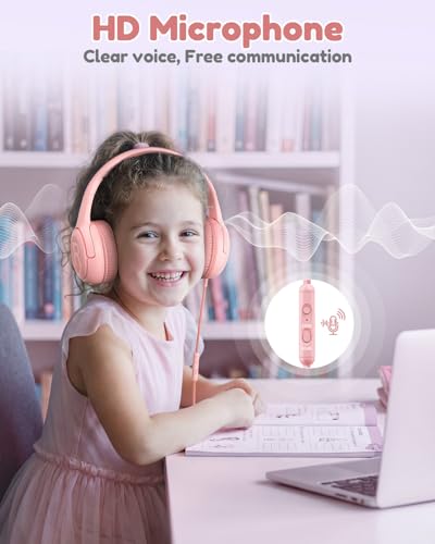 Kids Headphones with Microphone Foldable Stereo Tangle-Free 3.5mm Jack Wired Cord On-Ear Headset for Children/Teens/Boys/Girls/Smartphones/School/Kindle/Airplane Travel/Plane/Tablet (Pink) | 3.5mm Jack, HD Mic, Portable Wired Headphone with Shareport, Ste