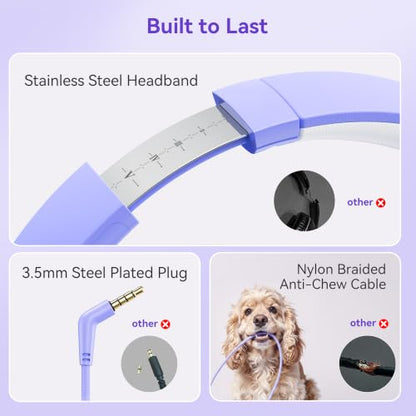 KVIDIO Wired Headphones with Mic, 3.5mm Plug Headphones for School Purple - color: Purple White