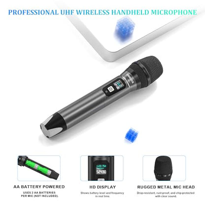 4 Channel Wireless Microphone System with Metal Receiver, 4 Handheld Mics, Independent Volume Control, 262ft Range, UHF Karaoke Mic Set for Home Party, Classroom, Church, Wedding, Events