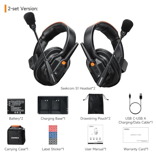 COMICA Seekcom S1 2-Users Full Duplex Wireless Intercom Headset System | 2.4GH 1300ft Team Communication AI/ENC Cancellation with PPT Mute IPX3 Waterproof for Film TV Shooting,Competition Events