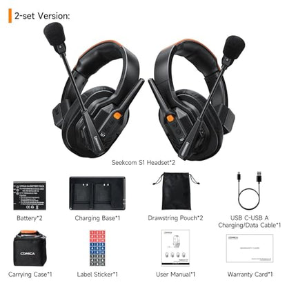 COMICA Seekcom S1 2-Users Full Duplex Wireless Intercom Headset System | 2.4GH 1300ft Team Communication AI/ENC Cancellation with PPT Mute IPX3 Waterproof for Film TV Shooting,Competition Events