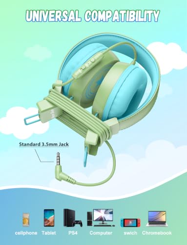 New Bee 2 Pack Kids Headphones with Microphone, Safe Volume Limited | Foldable Wired Toddler Headphones Over Ear for School Travel Mac/Android/Kindle/Tablet/Pad - color: Blue Green-2 Pack, size: wired
