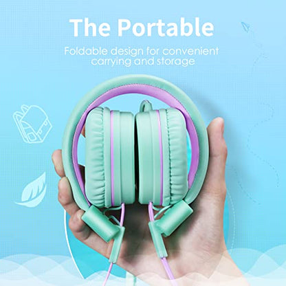 POWMEE P10 Kids Headphones with Microphone Stereo Headphones for Children Boys Girls,Adjustable 85dB/94dB Volume Control Foldable On-Ear Headphone with Microphone for School/PC/Cellphone(Green) - color: Green