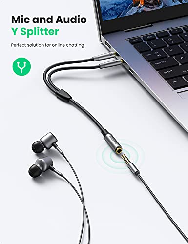 UGREEN Headphone Splitter Cable 3.5mm 2 Male to Female PC Headset Adapter | Connects TRRS Headset to PC with Separate Mic Audio Ports, Oxygen-free Copper, Braided Cable, Aluminum Alloy Case, 7.8 inch