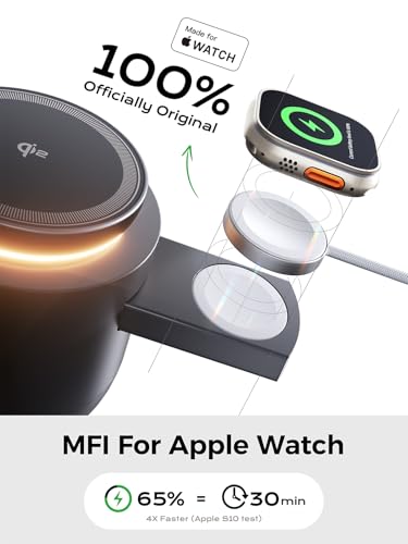 4 in 1 Qi2 Magnetic Wireless Charging Station, 15W Fast Charger with Made for Apple Watch Charging Module, for iPhone 17–12 Series & AirPods, 65W Adapter Included - color: Black