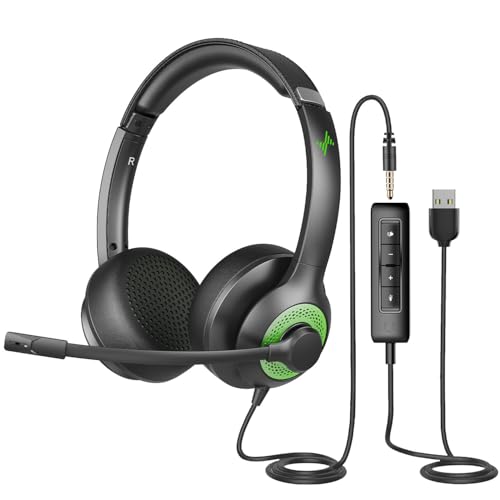 JIAMQISHI USB Headset with Mic for PC, On-Ear Computer Laptop Headphones with Noise Cancelling Microphone in-line Control for Home Office Online Class (USB+3.5mm, Green) - color: Green, style: USB+3.5mm