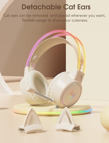 Girl Gaming Headset with Microphone, Detachable Cat Ear, RGB LED Light Surround Sound, Wired Over Ear Headphones for Laptop/Tablet/Phone,Type C Cable & USB-A Adpater