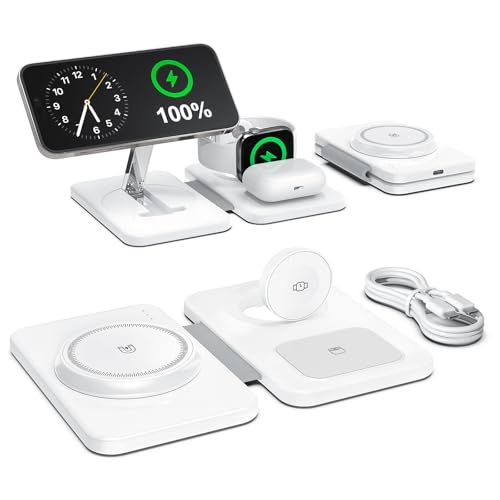 3 in 1 Magnetic Wireless Charger for Apple Multiple Devices, Foldable Fast Charging Station - Magsafe Charger Stand, Travel Charger Pad for iPhone 17 16 15 14 13 12 Series/Apple Watch/AirPods Pro | Magsafe Charger Stand for Multiple Devices, Travel Charge