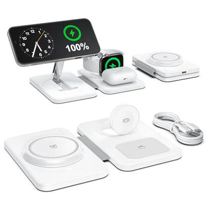 3 in 1 Magnetic Wireless Charger for Apple Multiple Devices, Foldable Fast Charging Station - Magsafe Charger Stand, Travel Charger Pad for iPhone 17 16 15 14 13 12 Series/Apple Watch/AirPods Pro | Magsafe Charger Stand for Multiple Devices, Travel Charge