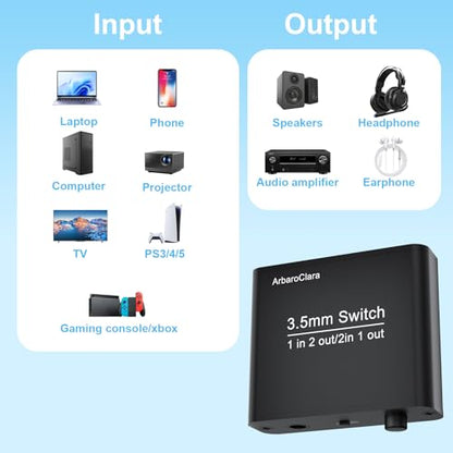 3.5mm Audio Switch, Aux Stereo Headphone Switcher Box, Bi-Directional 1 in 2 Out Splitter/2 in 1 Out Mixer, with Manual Selector and Y Button(Dual Input/Output), for Speaker/Laptop/Phone