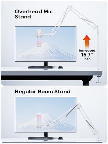 Premium White Overhead Mic Boom Arm, 15.7" Extra Tall Desk Mic Stand with 25.5" Reach, All-Aluminum Heavy Duty Microphone Arm, 1.8KG Load, 360° Adjustable for Streaming, Gaming, Podcast, YouTube - color: White (Overhead)