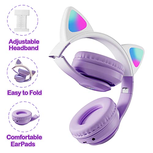 Kids Bluetooth Wireless Over-Ear Cat Ear Headphones with Microphone for Kids Teens Adults (Pro-Purple) | Cat Ear Headphones for Girls/Teenagers/Adults - color: New Purple