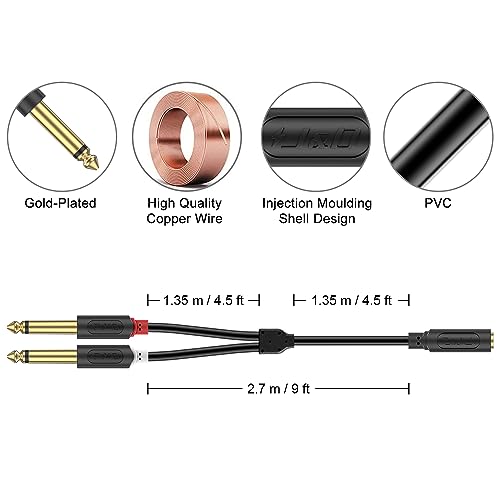 J&D 3.5mm to Dual 1/4 TS Stereo Breakout Cable, Gold Plated Audiowave Series 3.5mm 1/8 inch TRS Female to 2X 6.35mm 1/4 inch TS Male Mono Audio Cable Splitter for Spekers, Amplifiers, Mixs, 9 Feet - size: 9 Feet