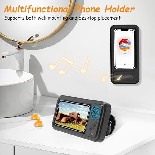 Shower Phone Holder with Wireless Bluetooth Speaker , 480° Rotation Retractable Adjustable Shower Case for iphone ,Bathroom Wall Phone Mount Stand WaterProof Anti Fog,Compatible with All 4-7"Cellphone