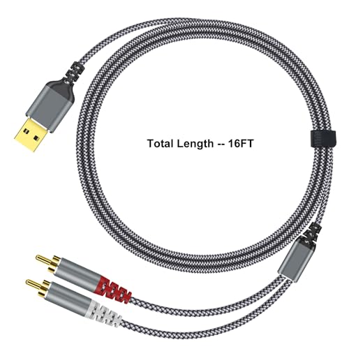 Compatible with USB to RCA Audio Cable,16FT USB to 2RCA Male Stereo Y Splitter Adapter for USB A Laptop, Linux, Windows, Desktops, PS4 and Amplifiers, Home Theater, Speaker, Grey - size: 16FT