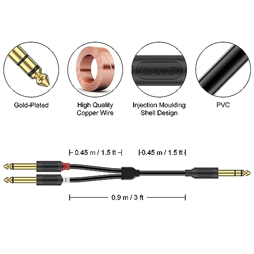 J&D 1/4 Inch TRS to Dual TS Y Splitter Cable, Gold Plated 6.35mm Stereo Male to 2 Mono Male Breakout Cable for Audio Interface, Mixer, Amplifier [Audiowave Series], 3 Feet - size: 3 Feet