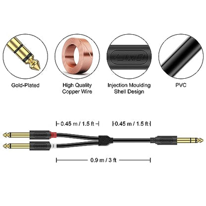 J&D 1/4 Inch TRS to Dual TS Y Splitter Cable, Gold Plated 6.35mm Stereo Male to 2 Mono Male Breakout Cable for Audio Interface, Mixer, Amplifier [Audiowave Series], 3 Feet - size: 3 Feet