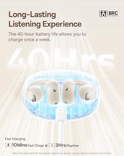 Baseus Bowie MC1 Open Ear Clip-On Earbuds, Adaptive Comfort with Anti-Drop Design, Impactful Sound with Adaptive Bass Boost, Adaptive Noise Cancelling Calls, IP57 Waterproof, 40H Playtime, Lightweight - color: White