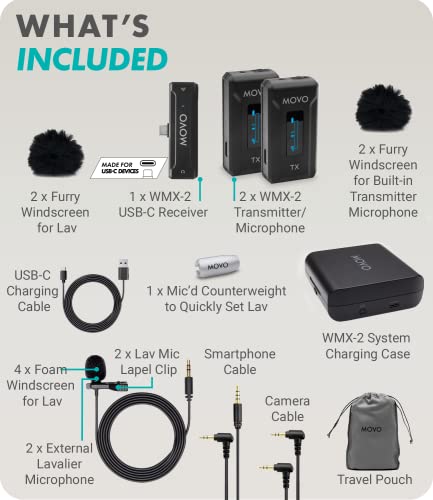 Movo WMX-2-C Duo Wireless Microphone System for USB-C – Dual Clip-On Lavalier Mics for iPhone 15, Android, iPad Pro, MacBook – 2 Wireless Transmitters, Charging Case, 7HR Battery, 328ft Range - style: 2 Transmitters