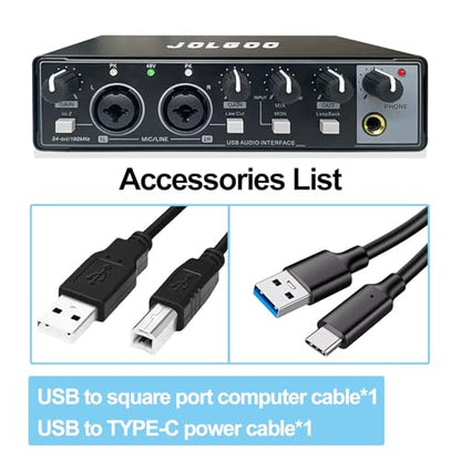 Jolgoo 2x2 USB Audio Interface, 24-Bit/192kHz Phantom Power Recording Card | 24-Bit/192kHz Studio Quality, +48V Phantom Power, Low Latency, for Recording and Podcasting