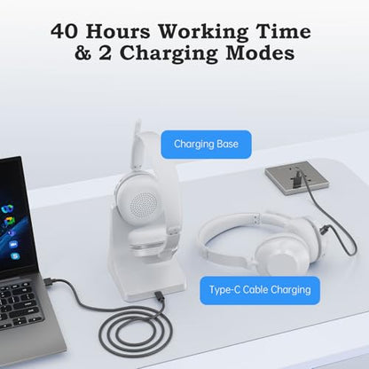 Bluetooth Wireless Headset with Mic for Work, Advanced Noise Reduction Microphone, Clear Calls - Comfortable On-Ear Headphones, Bluetooth 5.3, Applicable to Laptop, PC, Zoom, Office(White) - color: White