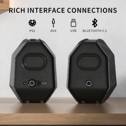 Computer Speakers for Desktop PC, Gaming PC Speakers for Desktop – USB-C, Bluetooth 5.3, 3.5mm AUX, AC Powered External Audio with Rich Stereo bass, Laptop/Mac, RGB Lights, Black, 30W - color: Black