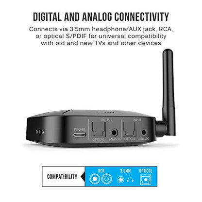 MEE audio Connect Hub Bluetooth Transmitter/Receiver with Audio Pass-Through for TV/Home Stereo with 3.5mm Jack/AUX/RCA/Optical Input; USB Multi-stream Bluetooth Adapter for Dual Headphones/Speakers - style: TV Transmitter + Receiver