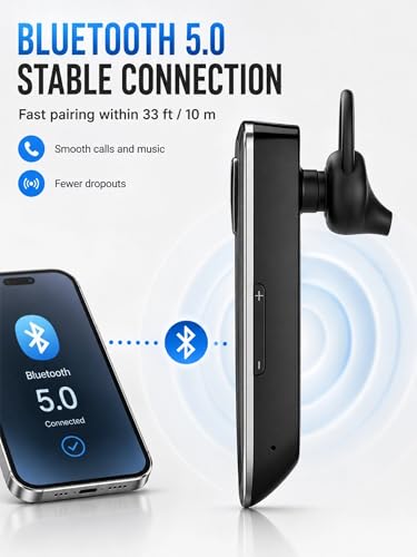 YW YUWISS Bluetooth Earpiece for Cell Phone with Mic Wireless in Ear Earbud Headphones Car Headset with 50 Hours Noise Canceling Hands Free Calling Compatible with Driving, iPhone, Samsung, Black