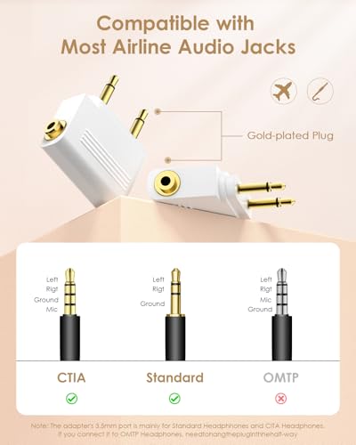 SQERO Airplane Headphone Jack Adapter, Dual 3.5mm Male to 3.5mm Female Jack AUX Adapter for Bluetooth Wireless Transmitter Receiver, Flight/Travel/TV/Gym, Gold Plated (3, White) - color: White