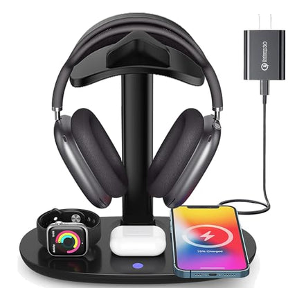 Airpod Max Charger Stand with 15w Wireless Charger, Suguder 4 in 1 Headset Holder for Apple Accessories Charging with AirPods Max/Pro/iWatch/iPhone/Vision Pro, Headphones Stand for Desk Organizer