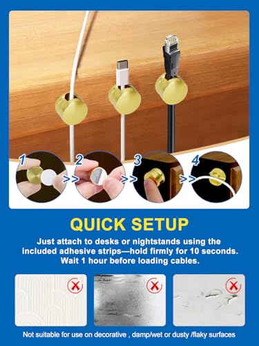 3 Pack Upgraded Cord Management Clips with Extra-Large Adhesive | Base, Stronger Hold Phone Charger Holder for Nightstand, Premium Aluminum Gold Sticky USB Wire Organizer Cable Clips for Desk