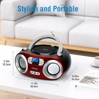 MEGATEK Portable CD Player Boombox with Bluetooth & FM Radio – Cherry Red | USB Playback, Clear Stereo Sound, AUX Input, Headphone Jack, CD-R/RW & MP3-CD Support, LCD Display, AC/Battery Powered - color: Cherry Red