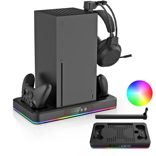 Cooling Fan & Charging Stand for Xbox Series X/S Console & Controller,Vertical Cooler System Dual Charger Station Dock Accessories for Xbox Series S/X with RGB Lights，Independent Headset Stand
