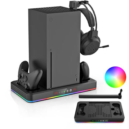 Cooling Fan & Charging Stand for Xbox Series X/S Console & Controller,Vertical Cooler System Dual Charger Station Dock Accessories for Xbox Series S/X with RGB Lights，Independent Headset Stand