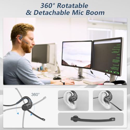 Bluetooth Headset, Open Ear Headphones with Removable Microphone | Noise Cancelling Wireless Headset for Phones Laptop Computer, 12 Hours PC Headsets for Office Meeting Working Driving Running