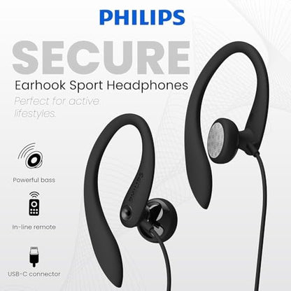 PHILIPS USB-C Wired Earbuds with Microphone, Secure Fit Over-Ear Sport Earhooks, Deep Bass 15mm Drivers, in-Line Controls, Plug-and-Play USB-C Earphones, Wired Open Ear Headphones for Running & Gym - color: Black, style: USB-C WITH MIC