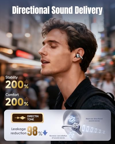 King Lucky Clip-On Earbuds Gen 3, Open-Ear Wireless Bluetooth 6.0 Headphones with Mic, Secure Fit for Small Ears & Glasses Wearers, 50H Playtime, LED Digital Display, ENC, IPX5 Waterproof(Balck) - color: Black, size: Digital Display