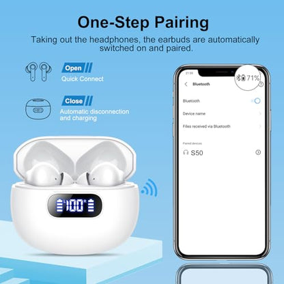 Wekily Wireless Earbuds, Bluetooth 5.3 Headphones LED Power Display, 2025 New Wireless Earphones, 4 ENC Noise Cancelling Mic, HiFi Stereo, 48H Playtime Mini Case IP7 Waterproof for Work & Play - color: Ivory white