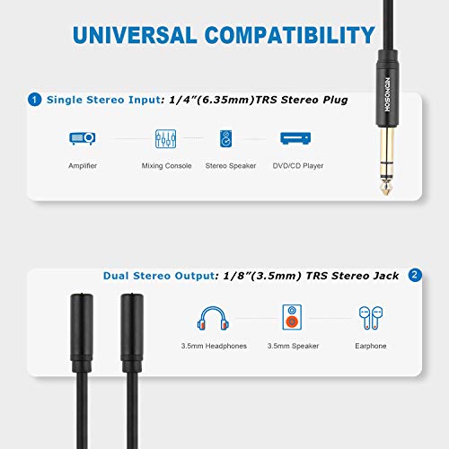 HOSONGIN 1/4 inch TRS to Dual 3.5mm Female Y Cable, 1.5ft, Black Copper Wire & Gold Plated Connectors, Compatible with Headphones - style: 1/4" TRSM to Dual 1/8" TRSF