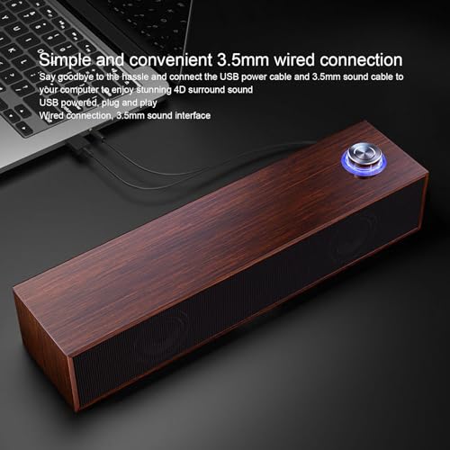 Wood Computer Speakers for Desktop, Mini Sound Bar Speaker with Stereo Sound, USB Powered Small PC Speakers, with Volume Knob, 3.5mm AUX Plug & , Plug and Play