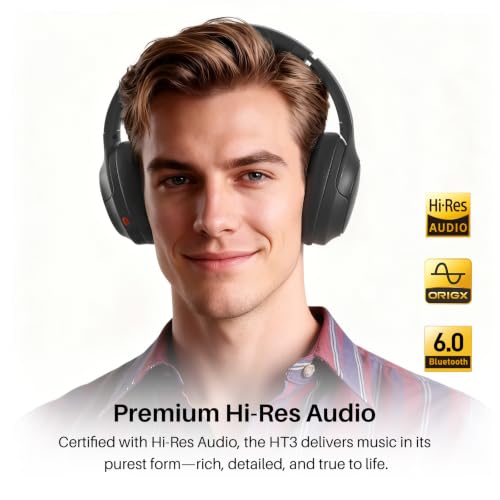 TOZO HT3 Hybrid Noise Cancelling Wireless Headphones, 90H Over Ear Headset | Hi Res Audio, AI Voice Assistant, Dual Device Connection, 32 Custom EQs, Built In 5 Mics, ANC, Foldable, Bluetooth 6.0 - color: Gray
