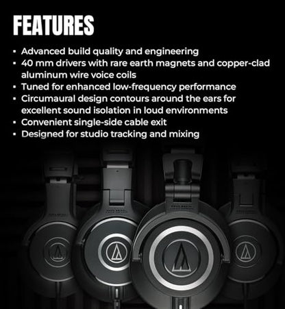 Audio-Technica ATH-M20x Professional Monitor Headphones - Black Bundle with Case and Austin Bazaar Polishing Cloth - color: Black, style: M20x
