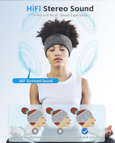 Sleep Headphones Bluetooth 6.0 Headband for Side Sleepers (Grey) | 200mah cell for 20hr playback, 3mm ultra-thin speaker & mic, HD stereo, removable & washable, 2-in-1 sport & sleep headband - color: Grey