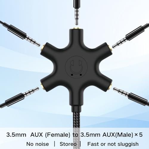 HOSONGIN 5-Way Headphone Splitter - 3.5mm Audio Sharing Hub with Braided Cable & Gold-Plated Connectors - Compatible with Smartphones Tablets Laptops MP3 Players - Perfect for Travel School Family Fun