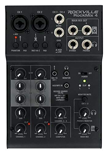 Rockville RockMix 4 Channel USB Recording Mixer Bundle with 2 RMC-XLR Mics | +48V Phantom Power, 48kHz/16-Bit, 2-Band EQ, XLR/TRS Combo Inputs, 3.5mm Aux, Bus Powered, 2 XLR Cables, Streaming, 3-Items