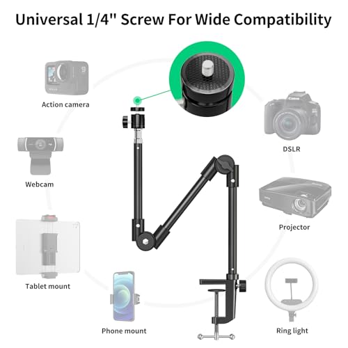 Webcam Stand Camera Desk Mount with Phone Holder & 5/8" Screw - 22" Flexible Projector Stand Gooseneck Desk Mic Stand for Logitech C922 C930e C920 C615 C960 Brio 4K, GoPro, Blue Yeti Snowball Ice