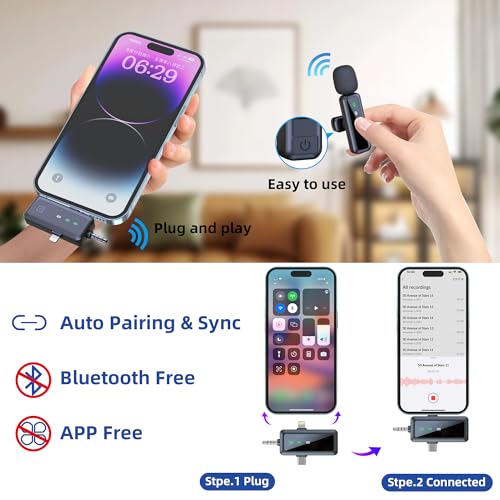 Wireless Mini Microphone for iPhone - 2 Pack Lavalier Microphone for Video Recording, 3-in-1 Noise Reduction Lapel Mic for Ipad, Android, Clip-on Mic for Content Creators Podcast
