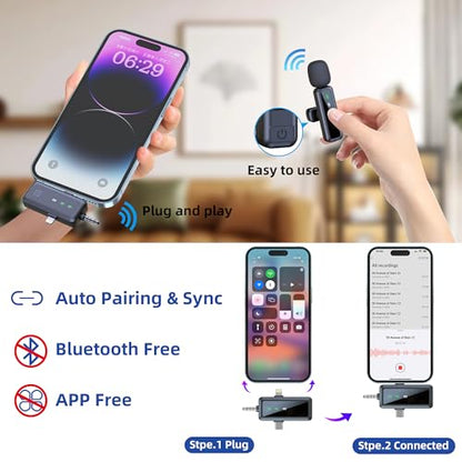 Wireless Mini Microphone for iPhone - 2 Pack Lavalier Microphone for Video Recording, 3-in-1 Noise Reduction Lapel Mic for Ipad, Android, Clip-on Mic for Content Creators Podcast